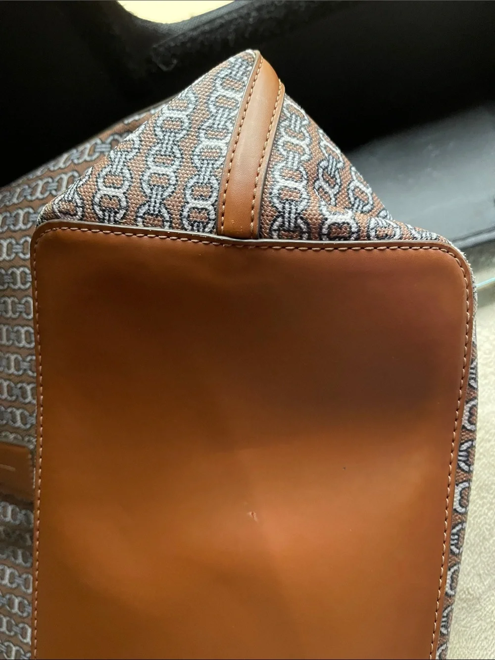 Tory Burch Gemini Link Brown & Cream Striped Canvas Tote with Leather Trim